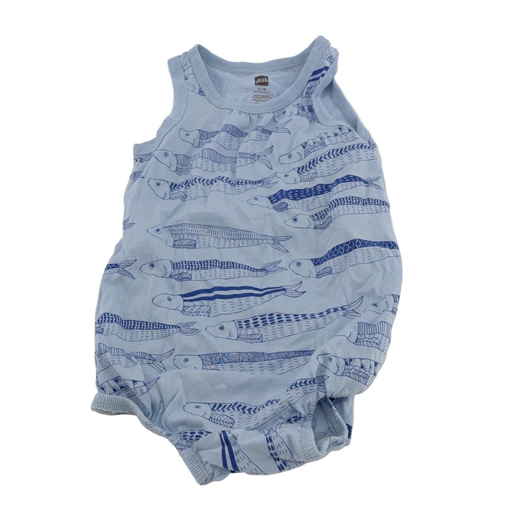 Tea Collection Seabirds Romper Girls 12-18M Light Blue Long Sleeve Cotton Knit